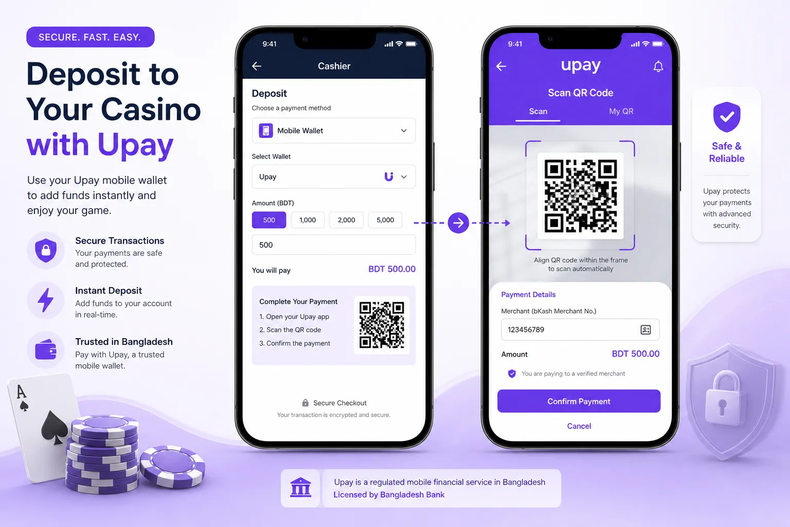 Upay mobile wallet deposit at online casino checkout on smartphone