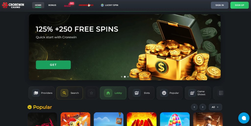 Crorewin homepage hero showing 125% plus 250 free spins with treasure chest and dark casino lobby for Bangladesh