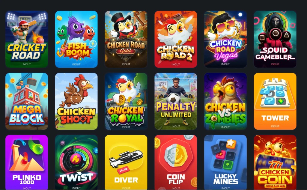 INOUT games grid on Crorewin featuring Chicken Road series Cricket Road Aviator-style Diver crash Plinko and Lucky Mines for Bangladesh players