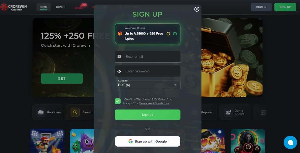 Crorewin sign up modal with BDT currency selector email password fields and welcome bonus up to 25000 BDT plus 250 free spins