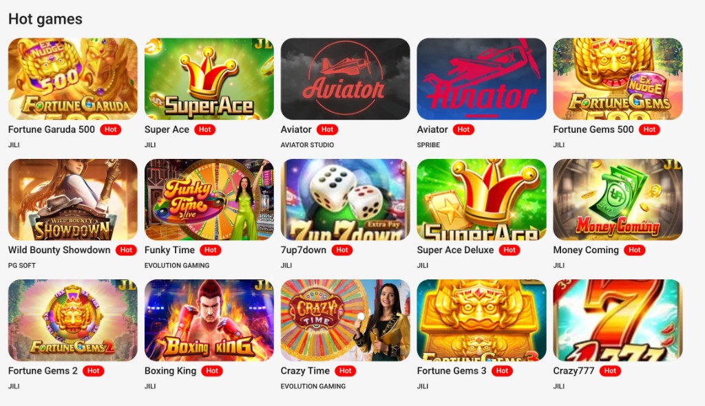 Dhoni88 Hot Games selection featuring popular slots like Fortune Gems and Super Ace crash games like Aviator and live casino shows like Crazy Time
