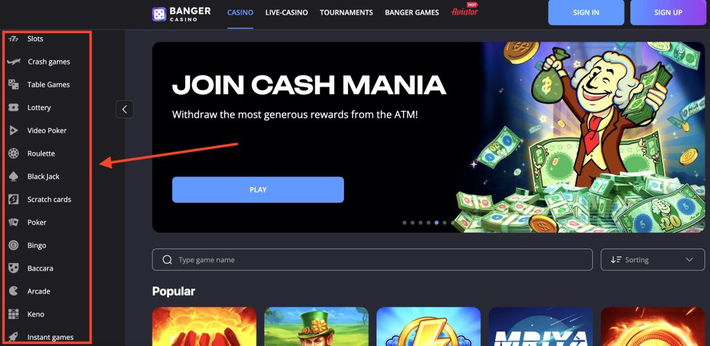 Banger casino games lobby