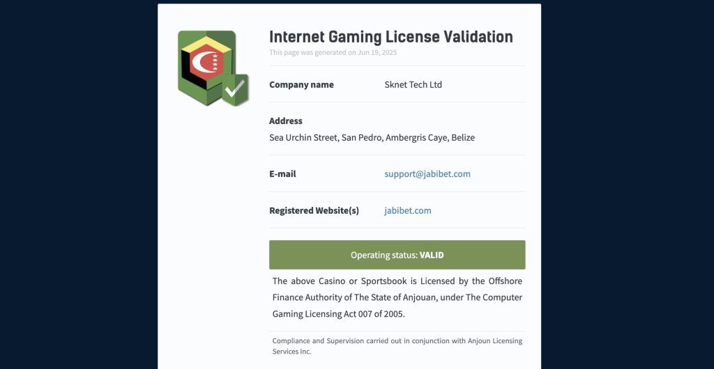 JabiBet's casino license