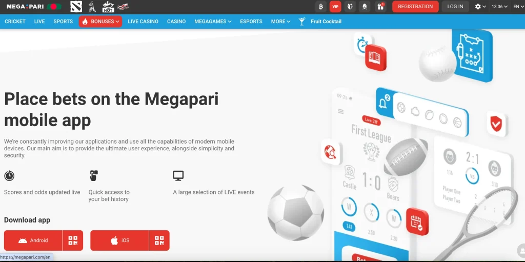 The Megapari Casino app interface on an Android device