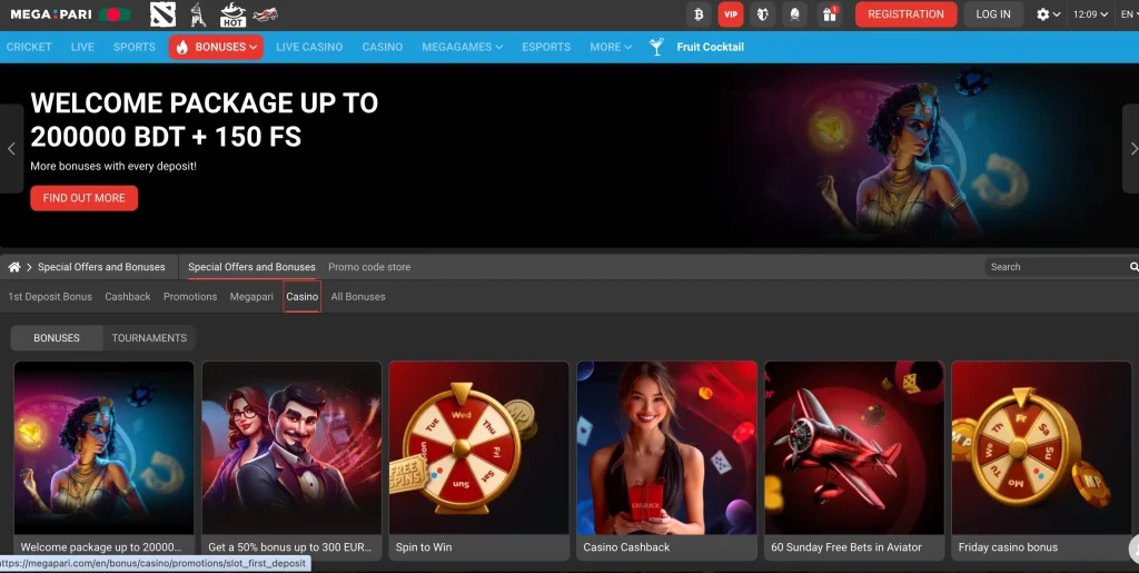 Megapari Bonus casino page main lobby