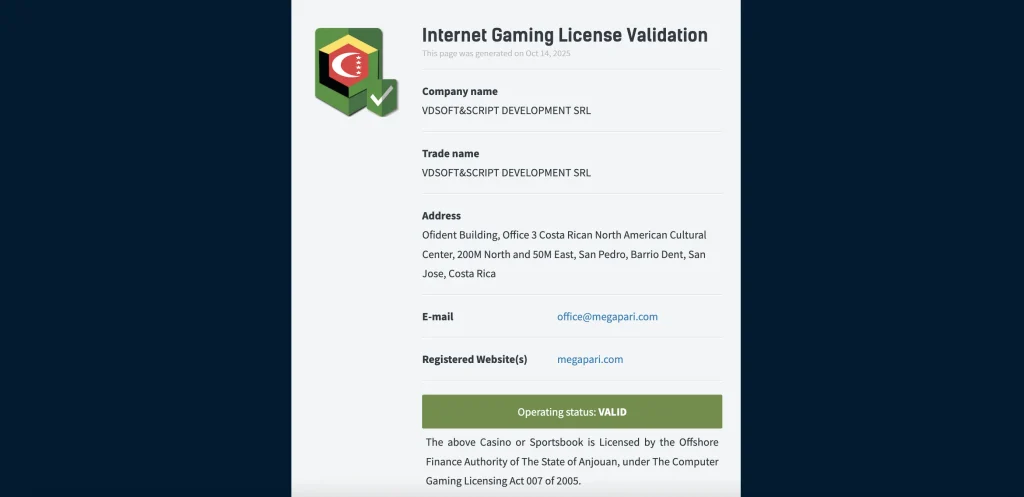 Megapari License Validation page