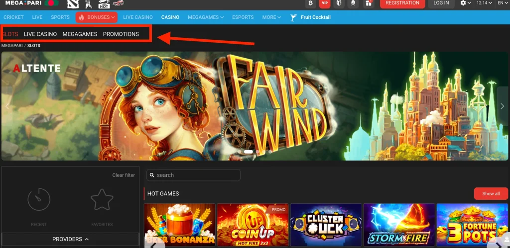 The Megapari Casino lobby showcasing slots, live casino, and Megagames categories for players in Bangladesh