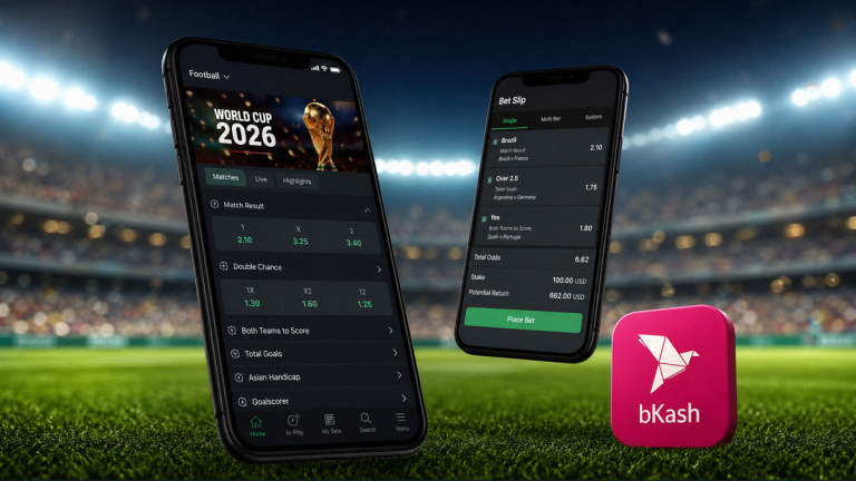 Football betting app comparison on mobile phones with World Cup 2026 background, bKash Nagad wallet icons and Bangladesh checklist for BD fans