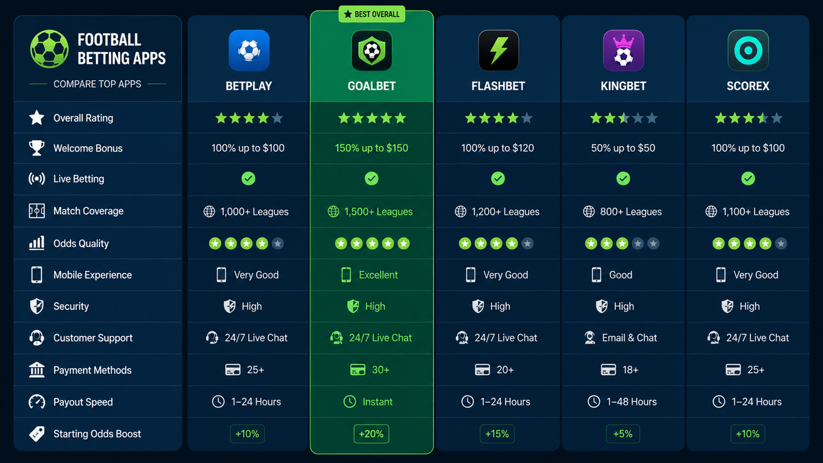 Comparison table UI mockup for football betting apps in Bangladesh