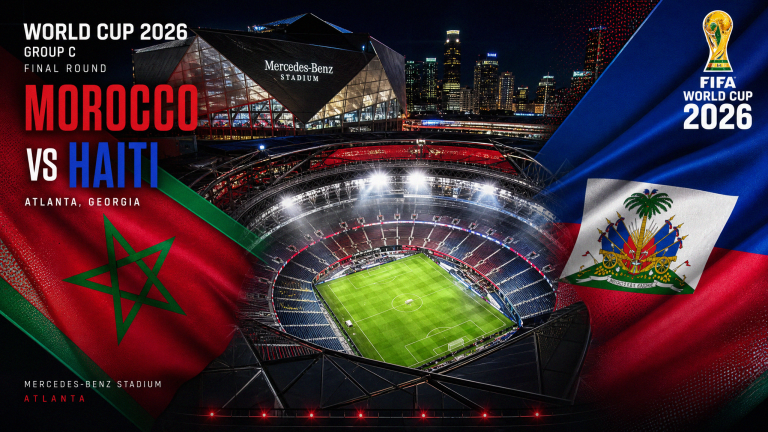 Morocco vs Haiti FIFA World Cup 2026 Group C simultaneous finale at Mercedes-Benz Stadium Atlanta, red-green and blue accents, BST preview for Bangladesh fans, no people