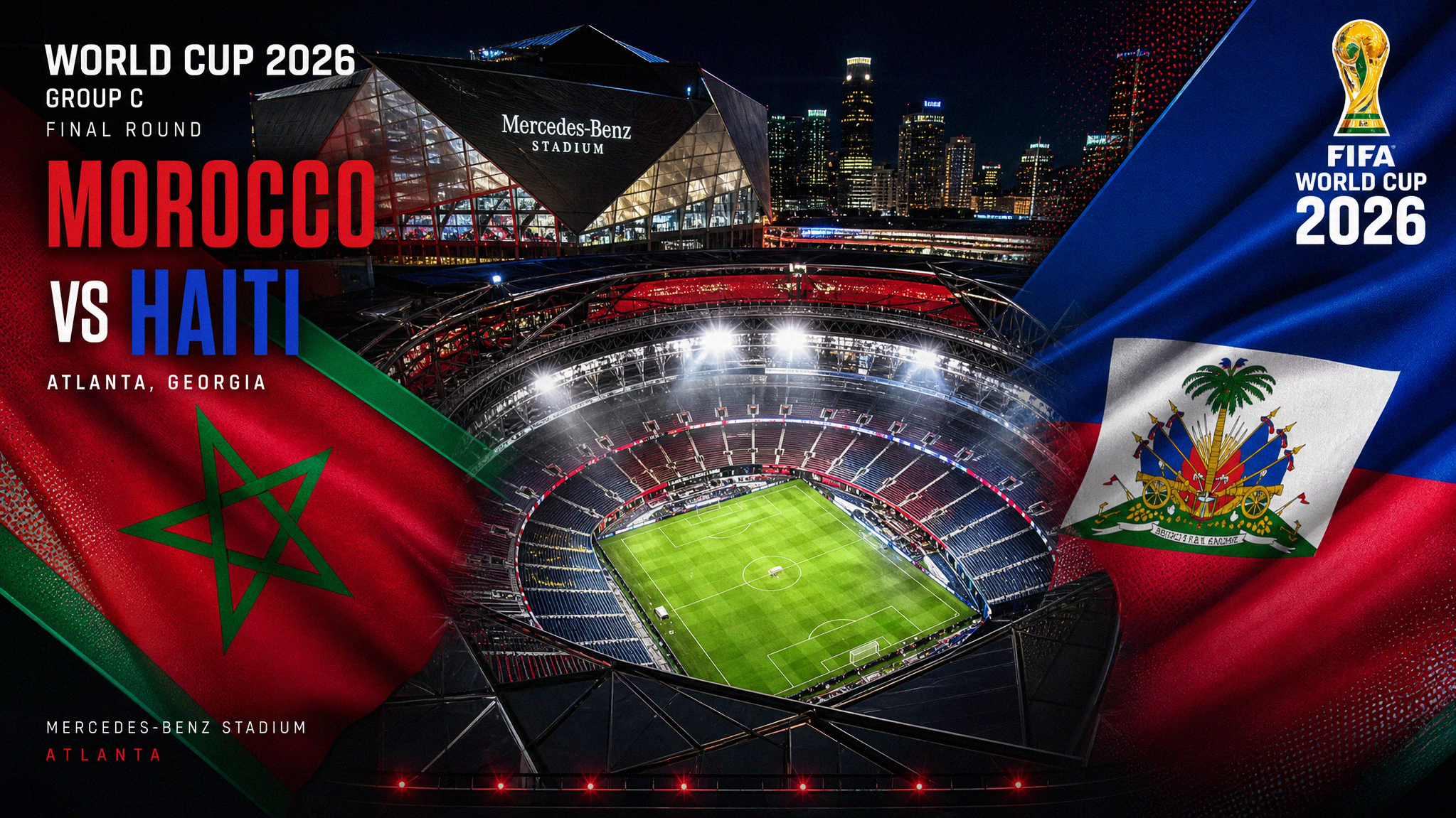 Morocco vs Haiti FIFA World Cup 2026 Group C simultaneous finale at Mercedes-Benz Stadium Atlanta, red-green and blue accents, BST preview for Bangladesh fans, no people