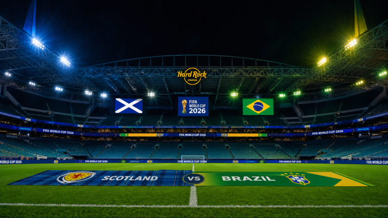 Scotland vs Brazil FIFA World Cup 2026 Group C finale at Hard Rock Stadium Miami, tartan and green-gold accents, BST preview checklist for Bangladesh fans