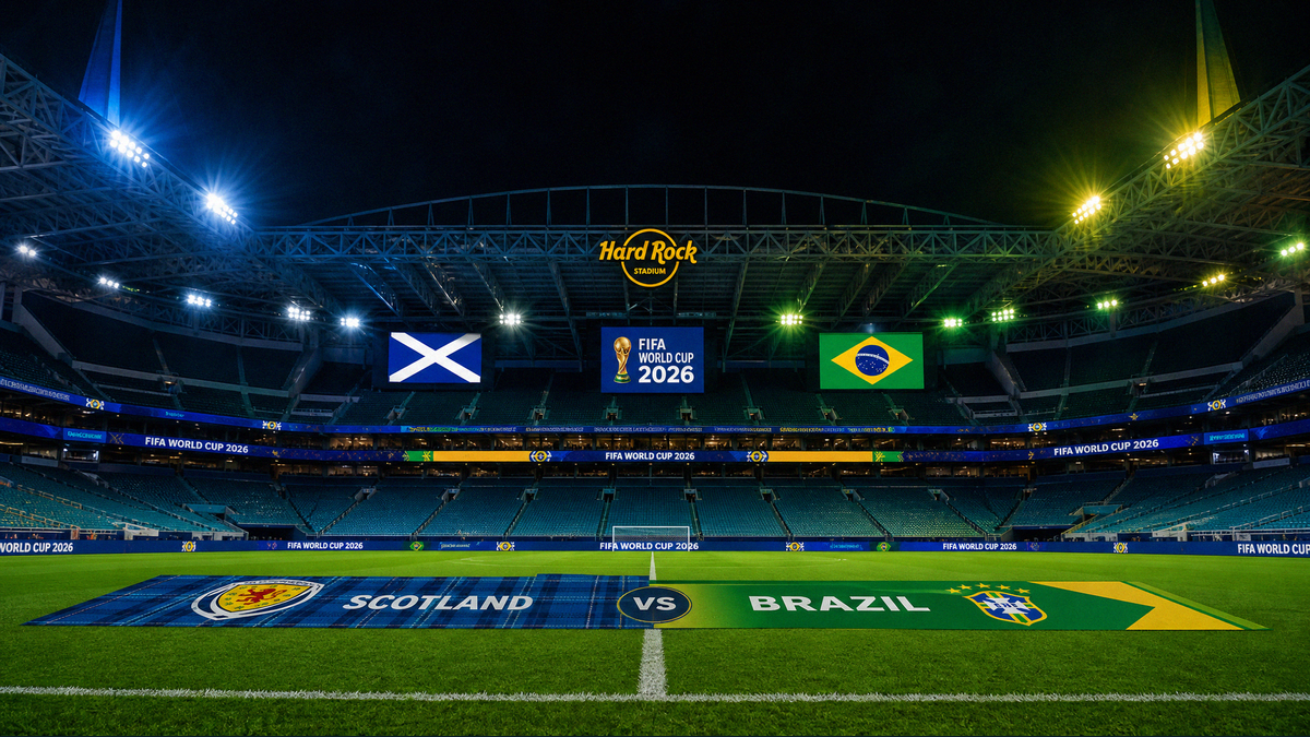 Scotland vs Brazil FIFA World Cup 2026 Group C finale at Hard Rock Stadium Miami, tartan and green-gold accents, BST preview checklist for Bangladesh fans