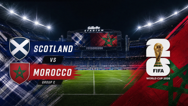 Scotland vs Morocco FIFA World Cup 2026 Group C matchday two at Gillette Stadium Foxborough, tartan and red-green accents, BST preview checklist for Bangladesh fans, no people