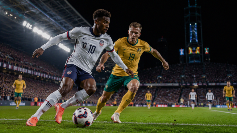 USA vs Australia FIFA World Cup 2026 Group D match at Lumen Field Seattle, stars-and-stripes and green-gold accents, BST preview checklist for Bangladesh fans