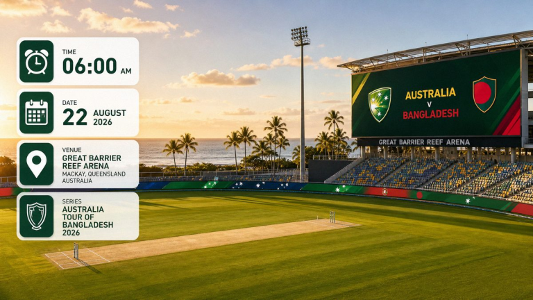 Mackay coastal stadium cricket, Australia Bangladesh colours, checklist icons, BST clock, no faces