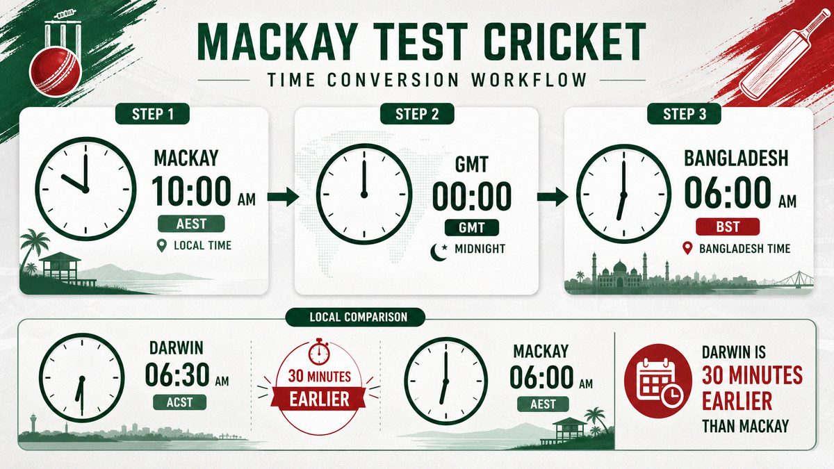 Three-step workflow converting Mackay AEST to GMT to Bangladesh BST with 30-minute earlier shift vs Darwin