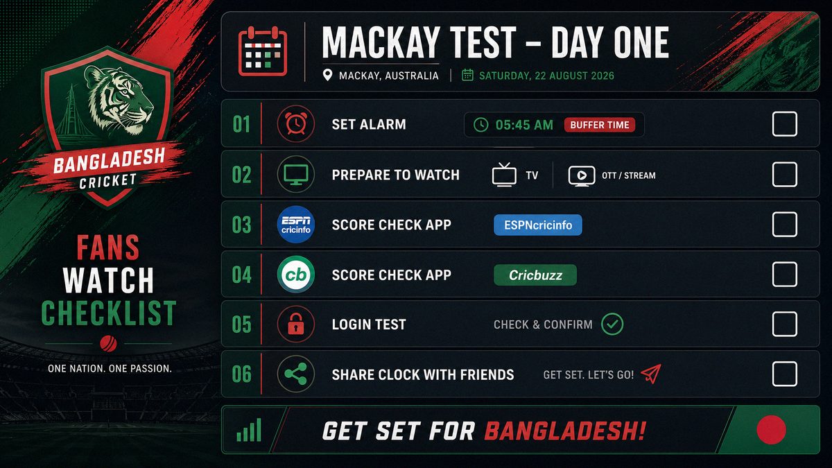 Bangladesh fan watch checklist for Mackay Test alarms TV OTT streams score apps and login test before day one